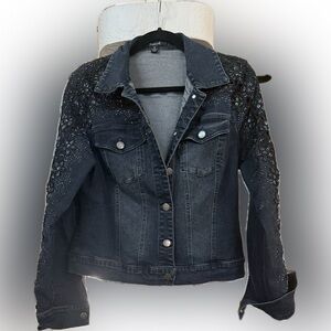 AZI New York, new without tags, black denim jacket with flower embroidery sz sm